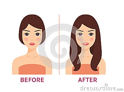 Hair Extensions.Hair Cutting.Before and after. Concept of Hair Beauty and Health. Beautiful Girl with a Hairstyle. Long and Short Vector Illustration