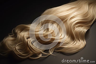 Hair extensions isolated on black background. Top view. Curly wavy hair. Blonde wavy hairstyles. Temporary hairstyle for special Stock Photo