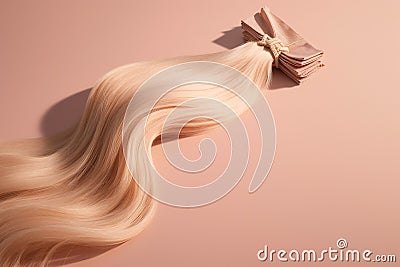 Hair extensions isolated on pink background. Top view. Curly wavy hair. Blonde wavy hairstyles. Temporary hairstyle for special Stock Photo