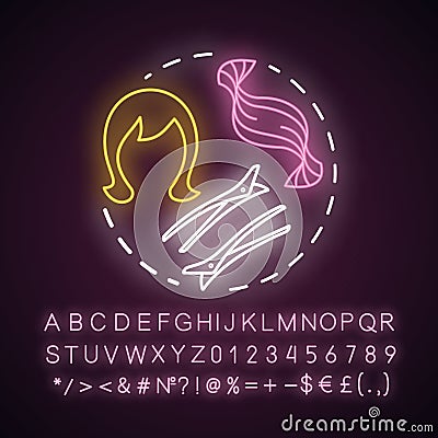 Hair extensions neon light concept icon. Clip in hair remy tapes, wig and accessories. Hairstyling and hairdo idea Vector Illustration