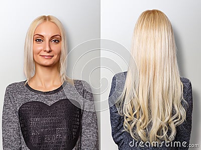 Hair extensions procedure. Hair before and after. Stock Photo