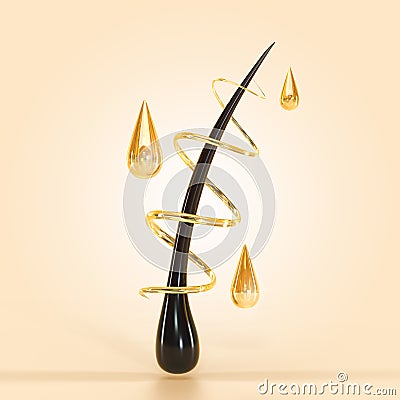 Hair follicle oil cosmetics with spiral and drops gold liquid, keratin or serum on beige background 3d render. Treatment Cartoon Illustration