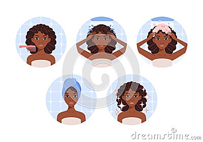Hair health and care. Afro American Black woman washes her curly hair. Steps.The girl applies foam to her head, a towel. Flat Vector Illustration
