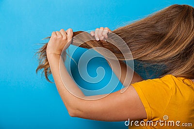 Hair healthy care, brunette woman. Adult caucasian Stock Photo