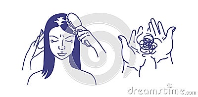 Hair loss. Alopecia. Baldness. A woman is combing her hair. A clump of hair on the palms. Vector illustration Vector Illustration