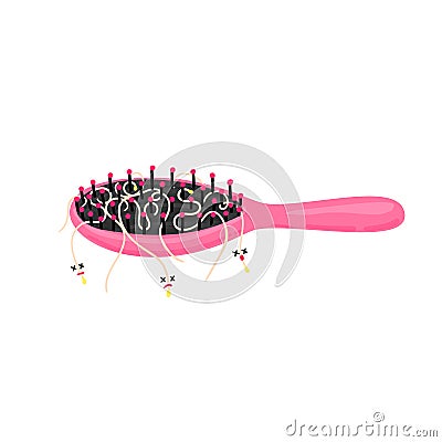 Hair loss. Alopecia. Consequences of improper care. Comb with bunch of fallen hairs. Scalp disease. Hair brush Vector Illustration