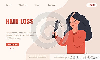 Hair loss concept. Landing page template. Sad woman with alopecia. Baldness disease and problems of the scalp. Unhappy Vector Illustration