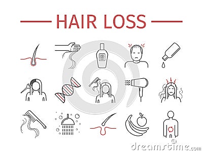 Hair Loss. Line icons set. Vector Illustration
