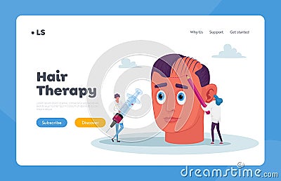 Hair Loss or Receding Landing Page Template. Tiny Doctor Characters Prepare Huge Head for Hair Transplantation Procedure Vector Illustration