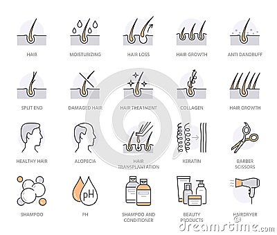 Hair loss treatment flat line icons set. Shampoo ph, dandruff, hair growth, keratin, conditioner bottle vector Vector Illustration
