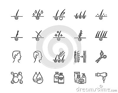 Hair loss treatment flat line icons set. Shampoo ph, dandruff, hair growth, keratin, conditioner bottle vector Vector Illustration