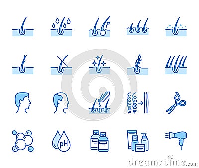 Hair loss treatment flat line icons set. Shampoo ph, dandruff, hair growth, keratin, conditioner bottle vector Vector Illustration