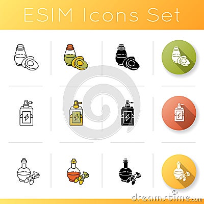 Hair oils icons set. Avocado essence in glass jar. Antistatic spray for winter haircare. Argan extract in liquid form Vector Illustration