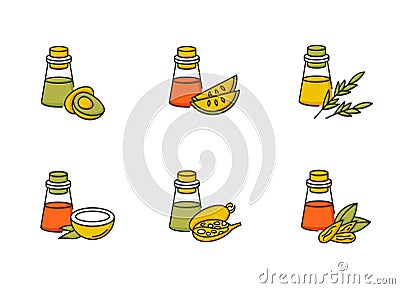 Hair oils RGB color icons set. Avocado ingredient for cosmetic product. Almond essence for haircare. Kalahari melon seed Vector Illustration