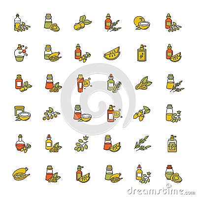 Hair oils RGB color icons set. Avocado natural essence. Exotic baobab extract for haircare. Jojoba oil. Antistatic Vector Illustration