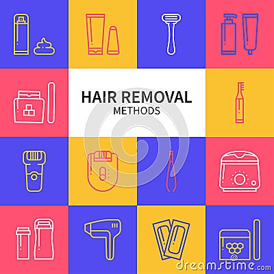 Hair removal methods line icons set. Shaving sugaring laser waxing epilation depilation tweezing. Colorful squares. Vector Illustration