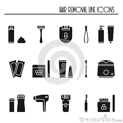 Hair removal methods silhouette icons set. Shaving sugaring laser waxing epilation depilation tweezing. Vector Illustration