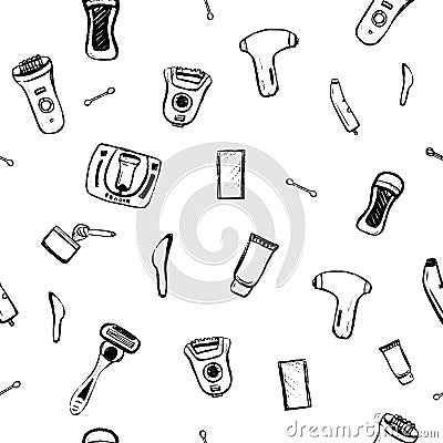 Hair removal Seamless pattern with sketch symbols. Types of Epilation for site background, business card, banner. Hand Vector Illustration