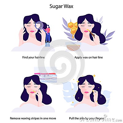 Hair removal tips for women set. How to use sugar wax with spatula. Vector Illustration