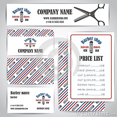 Hair salon barber shop vintage business cards and prices design template set Vector Illustration