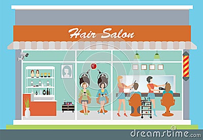 Hair salon building and interior. Vector Illustration