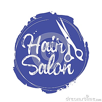 Hair Salon Emblem with Scissors in Grunge Blue Circle, Beauty Service Icon or Logo, Isolated Label for Barbershop Vector Illustration