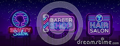 Hair salon logo collection vector. Beauty Salon neon sign, Barber Shop modern trend design, light vector illustration Vector Illustration