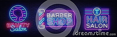 Hair salon logo collection vector. Beauty Salon neon sign, Barber Shop modern trend design, light vector illustration Vector Illustration