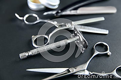 Hair Salon Tools. Barber Scissors And Shaving Equipment Stock Photo