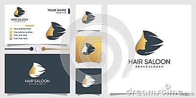 Hair saloon logo for woman with modern unique concept and business card design template Premium Vector Vector Illustration