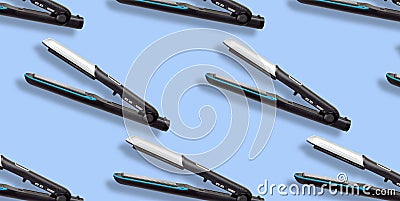 Hair straightener seamless pattern on blue background Stock Photo