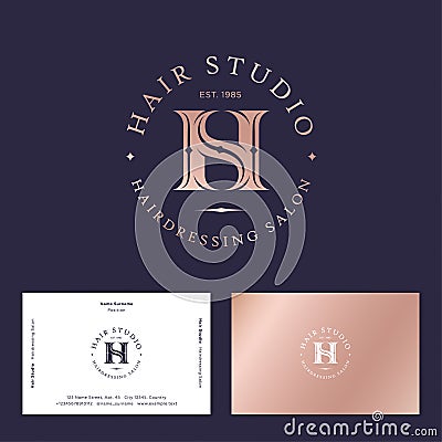 Hair studio logo. H and S in gold letters. H, S illusory monogram. Vector Illustration