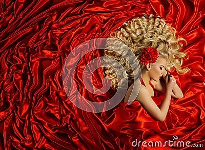 Hair Style, Woman Curly Hairstyle, Fashion Model Curl Hair, Red Stock Photo