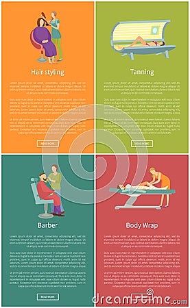 Hair Styling Barber, Body Wrap Tanning in Solarium Vector Illustration