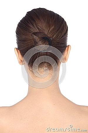 Hair Styling turn back View, Asian Woman after make up. no retouch, fresh face with acne, skin moles Stock Photo