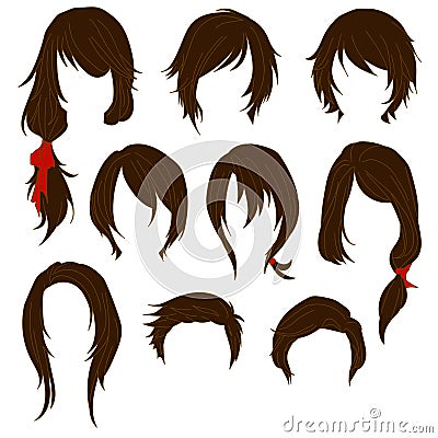 Hair styling for woman drawing Brown Set 1 Vector Illustration