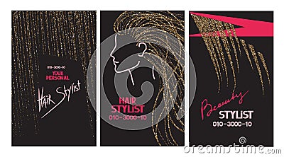 Hair stylist business cards with abstract gold hair and scissors Vector Illustration