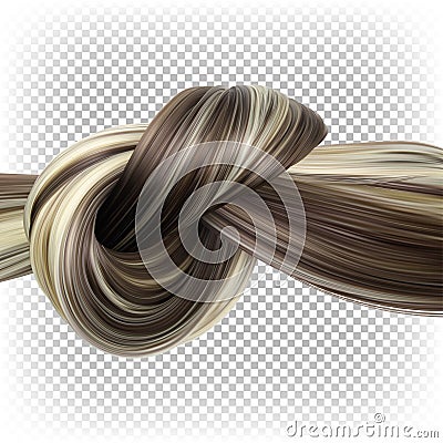 Hair tied in a knot. 3D illustration of strong thick hair. Advertising for shampoo, conditioner, mask, hair dye. Vector Illustration