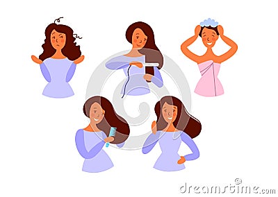 Haircare. Cute girl washing, combing, straightens her hair. Woman making haircare procedures. Flat style Vector Illustration