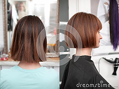 Haircut bob on bright mahogany hair of a young woman, two photos before and after Stock Photo