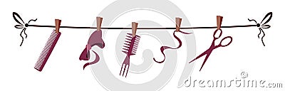 Hairdresser barber tools and accessories on rope for barbershop Vector Illustration