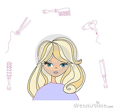 Hairdresser - beautiful feminine card, set for styling hair Vector Illustration