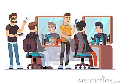 Hairdresser with client. Barbers doing male stylish haircut in barbershop interior with mirrors. Beauty salon vector Vector Illustration