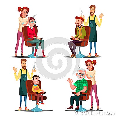 Hairdresser With Client Set Vector. Boy, Teen, Woman, Old Man. Professional Fashion Stilist. Service. Isolated Flat Vector Illustration