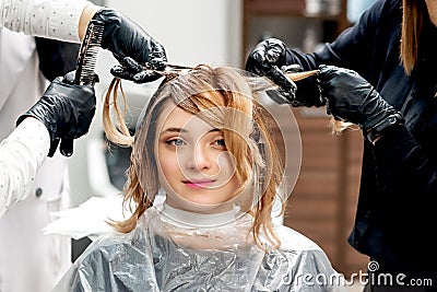 Hairdresser`s hands coloring hair of woman Stock Photo