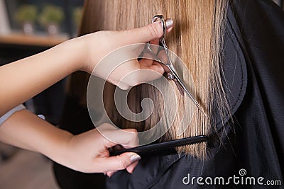 Hairdresser cut blond hair of a woman Stock Photo