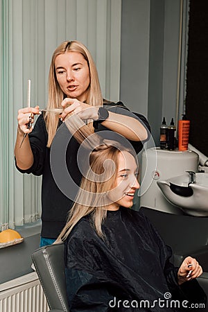 A hairdresser cuts a blonde& x27;s hair in a beauty salon. Women& x27;s haircut Stock Photo