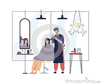 Hairdresser cutting clients hair in salon. Hairstylist doing haircut with scissors for woman customer in chair Vector Illustration