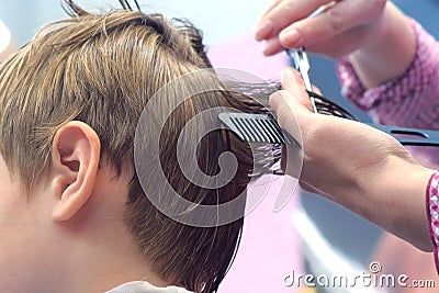 Hairdresser cutting hairs with scissors on boy`s head. Back view, stylist`s hands close-up. Stock Photo