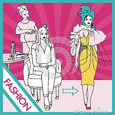 The hairdresser does the hairstyle of the model before going to the podium. A stylist does a hairstyle to a woman Vector Illustration